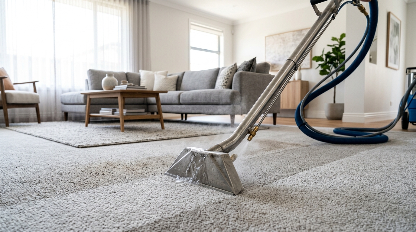Commercial hot-water extraction equipment cleaning textured upholstery fabric