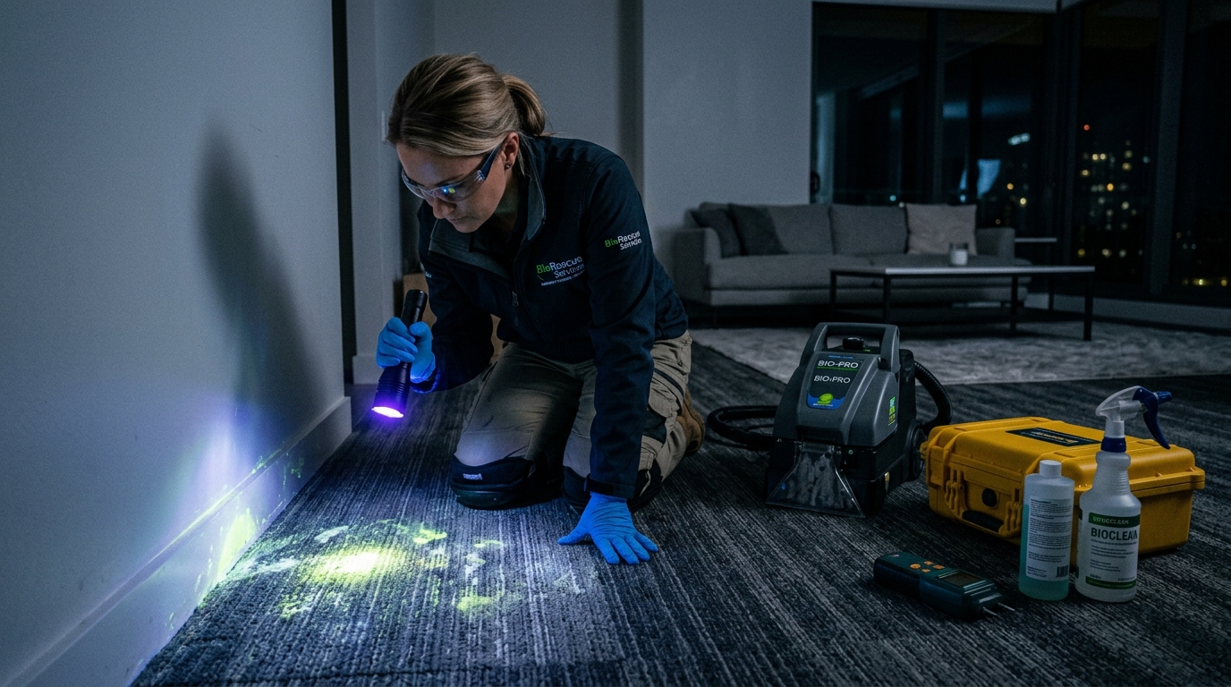 Restoration technician using 395nm UV blacklight to map biological pet urine contamination