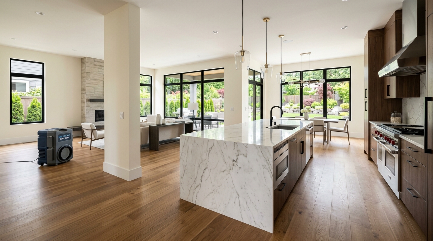 Pristine newly remodeled home interior undergoing post-construction HEPA fine dust extraction